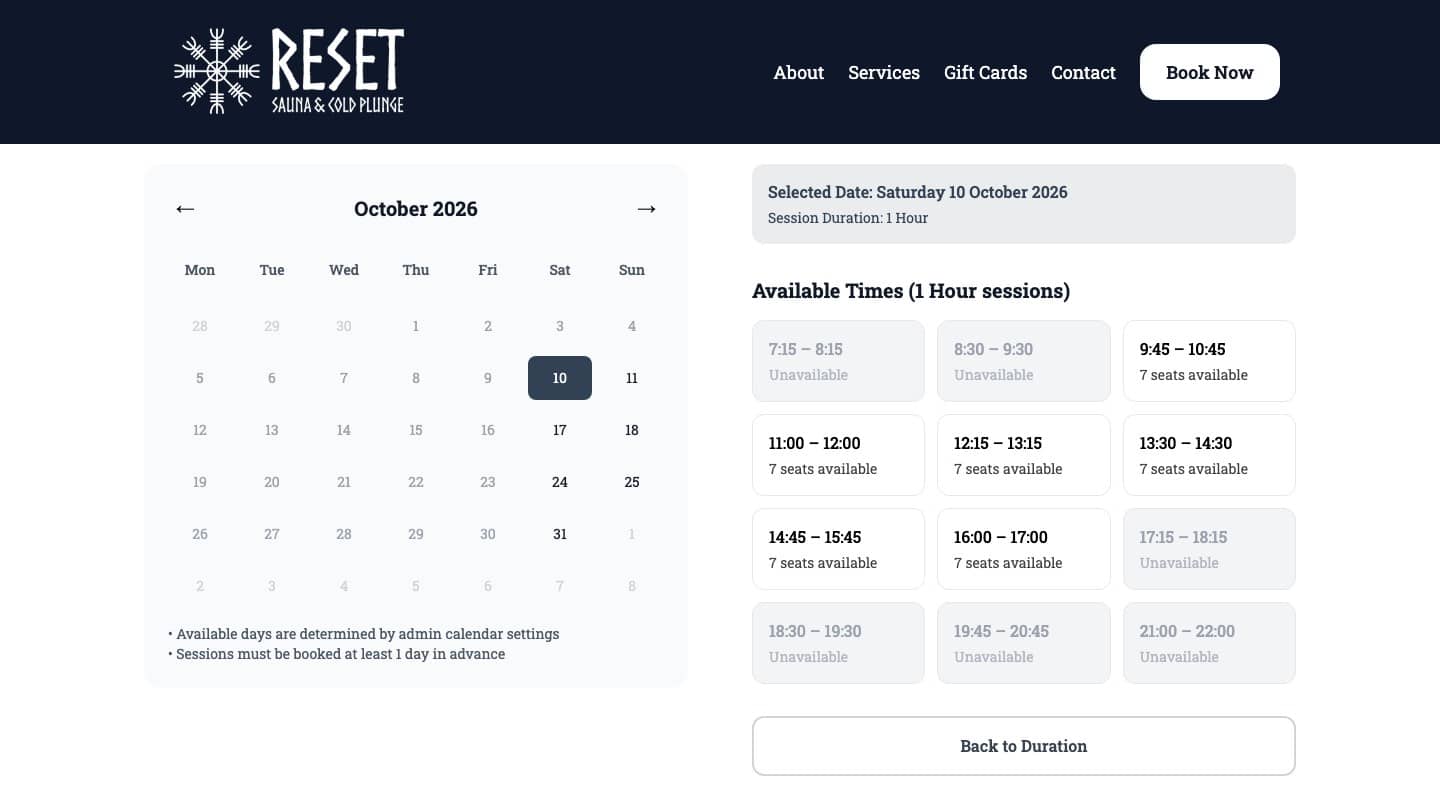 Choosing a date and time in the Reset Saunas booking system